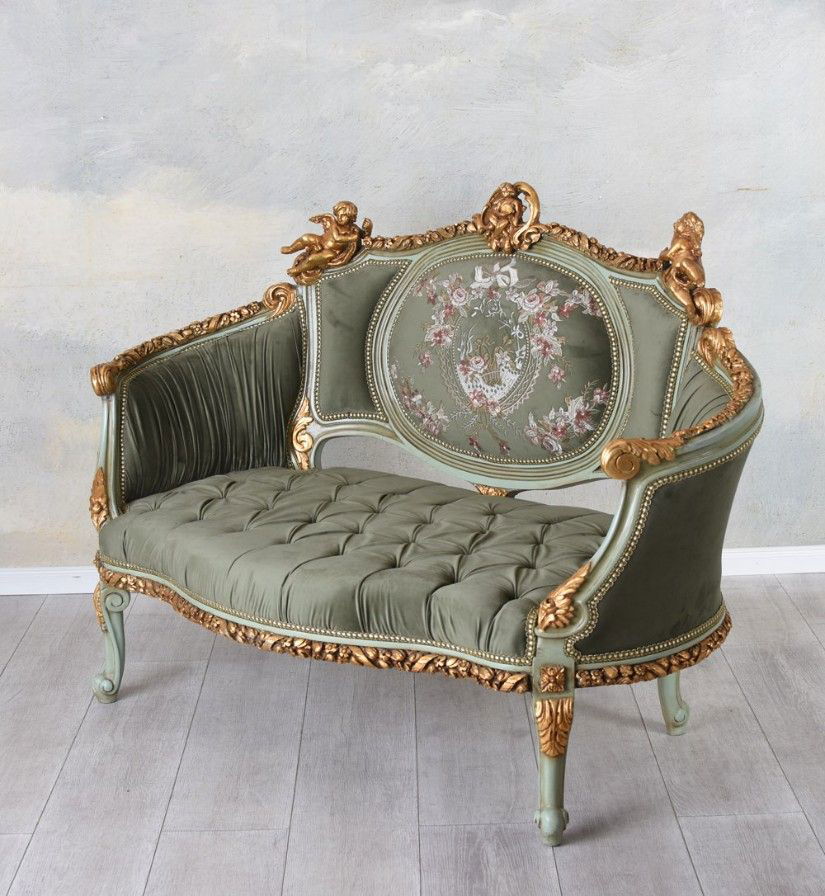 Sofa Rococo din lemn masiv cu tapiterie catifea verde