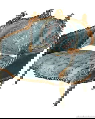 Sofa Rococo din lemn masiv cu tapiterie bleu cu Cupidoni