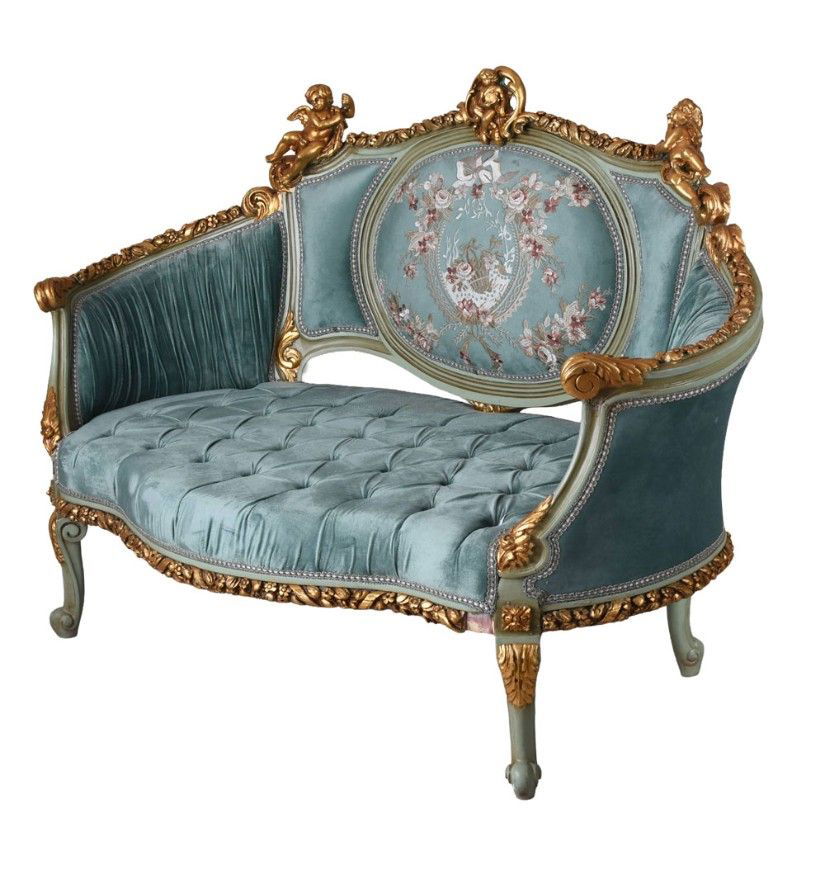 Sofa Rococo din lemn masiv cu tapiterie bleu cu Cupidoni