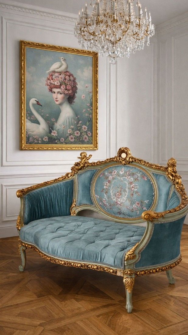 Sofa Rococo din lemn masiv cu tapiterie bleu cu Cupidoni