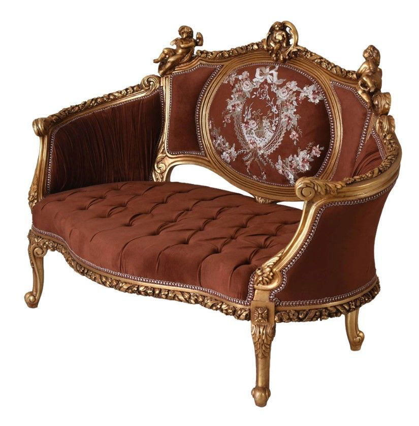 Sofa Rococo din lemn masiv cu tapiterie maro cu Cupidoni