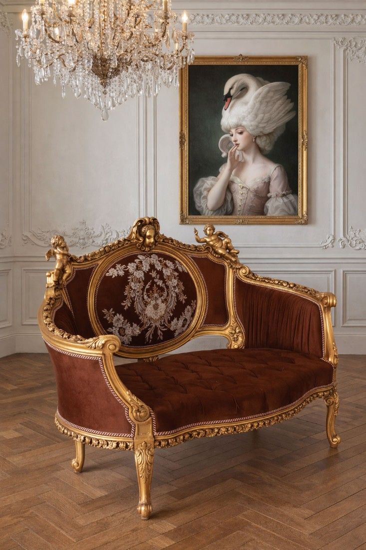 Sofa Rococo din lemn masiv cu tapiterie maro cu Cupidoni