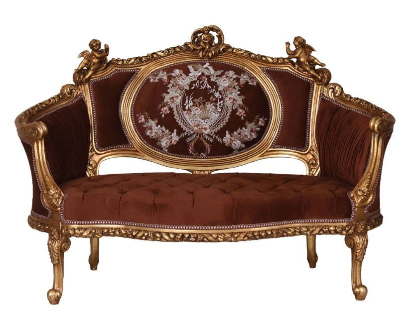 Sofa Rococo din lemn masiv cu tapiterie maro cu Cupidoni
