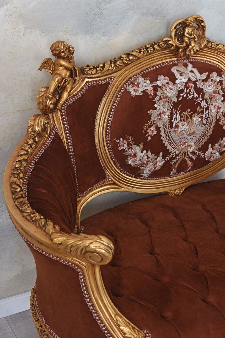 Sofa Rococo din lemn masiv cu tapiterie maro cu Cupidoni