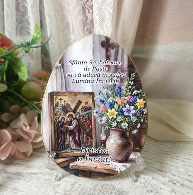 Decoratiune - felicitare din lemn, cadou pentru Paste