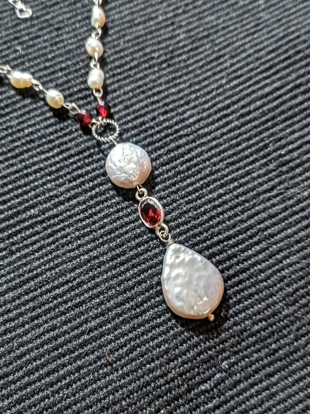 Colier argint granat perle naturale de cultura baroc conector granat argint lant argint minimalist boho chic trendy