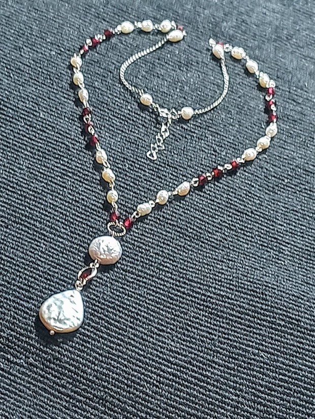 Colier argint granat perle naturale de cultura baroc conector granat argint lant argint minimalist boho chic trendy