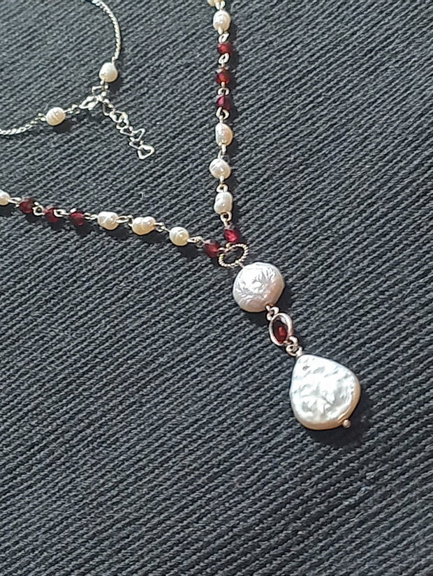 Colier argint granat perle naturale de cultura baroc conector granat argint lant argint minimalist boho chic trendy