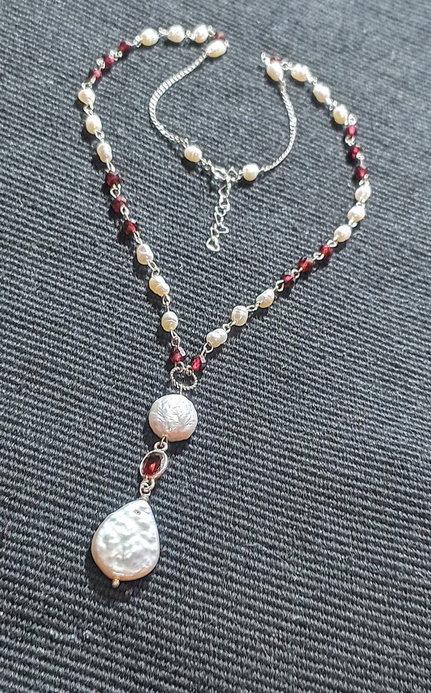 Colier argint granat perle naturale de cultura baroc conector granat argint lant argint minimalist boho chic trendy