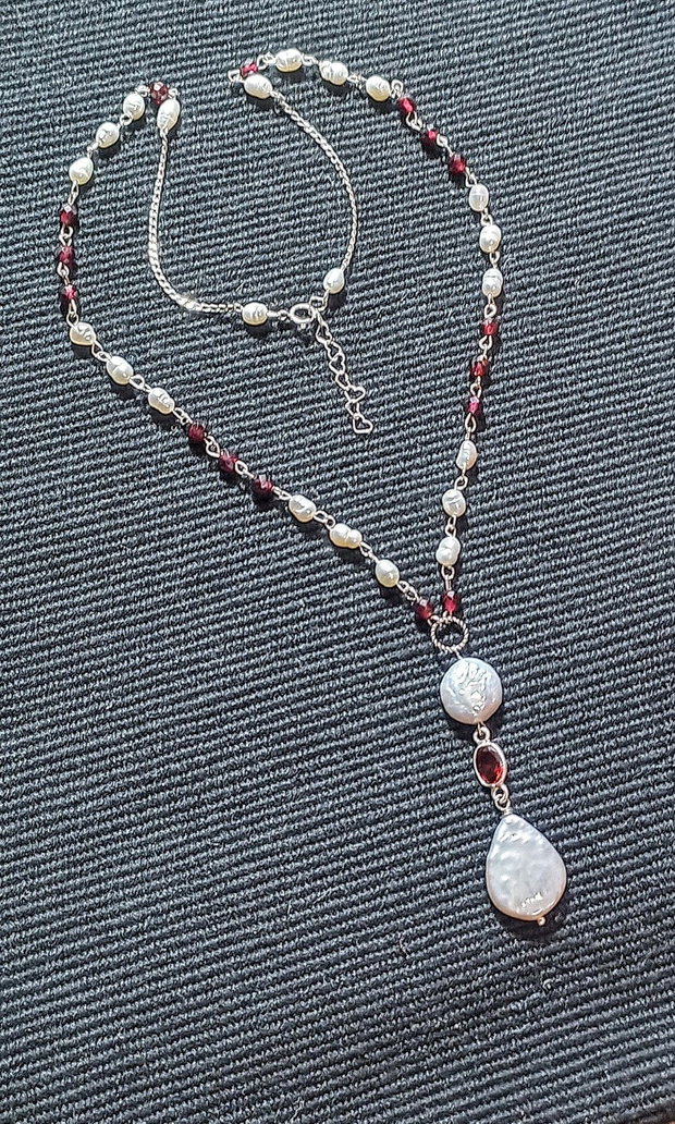 Colier argint granat perle naturale de cultura baroc conector granat argint lant argint minimalist boho chic trendy