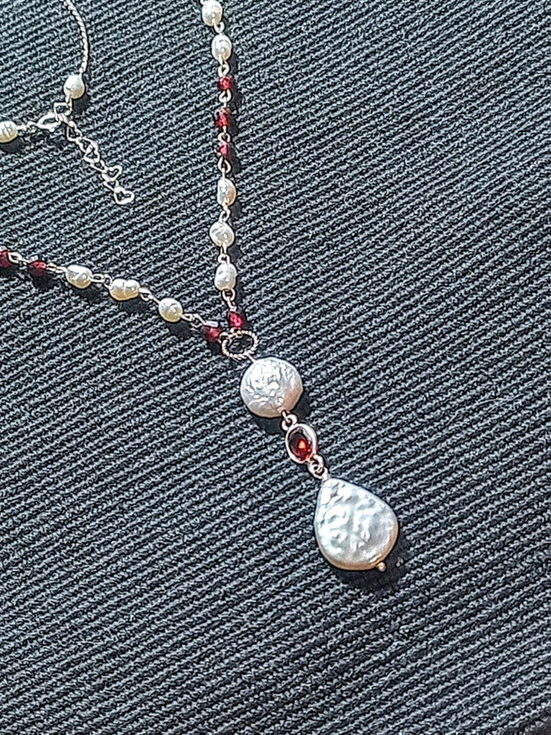 Colier argint granat perle naturale de cultura baroc conector granat argint lant argint minimalist boho chic trendy