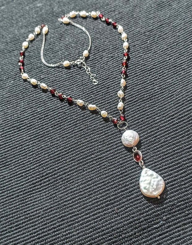 Colier argint granat perle naturale de cultura baroc conector granat argint lant argint minimalist boho chic trendy