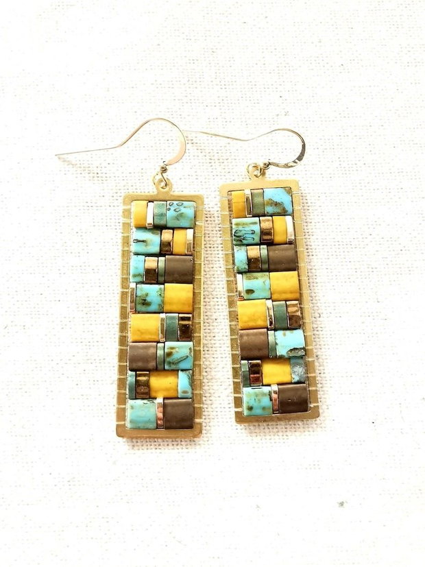 Cercei Mozaic Boho Dangle cu Tila, tortite placate cu aur 14k