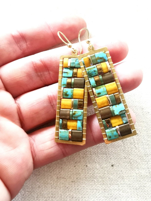 Cercei Mozaic Boho Dangle cu Tila, tortite placate cu aur 14k