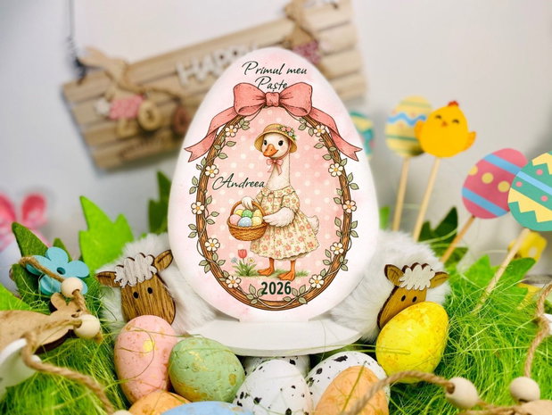 Decoratiune din lemn - Ou de Paste cu gasca - personalizat cu nume