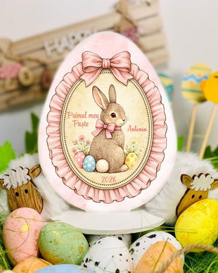 Decoratiune din lemn - Ou de Paste cu iepure- personalizat cu nume