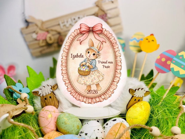 Decoratiune din lemn - Ou de Paste cu iepure- personalizat cu nume