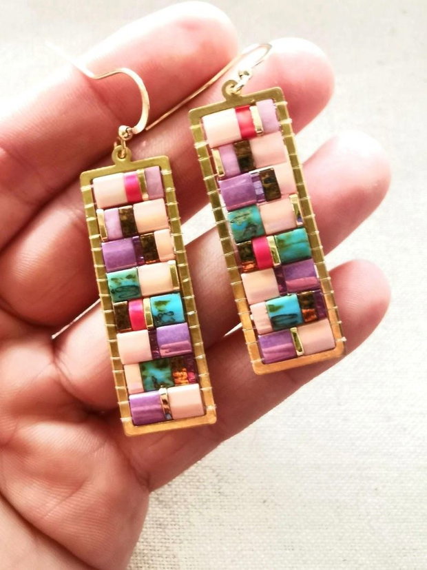 Cercei Mozaic Boho Dangle Turcoaz si Roz cu Tila, tortite placate cu aur 14k