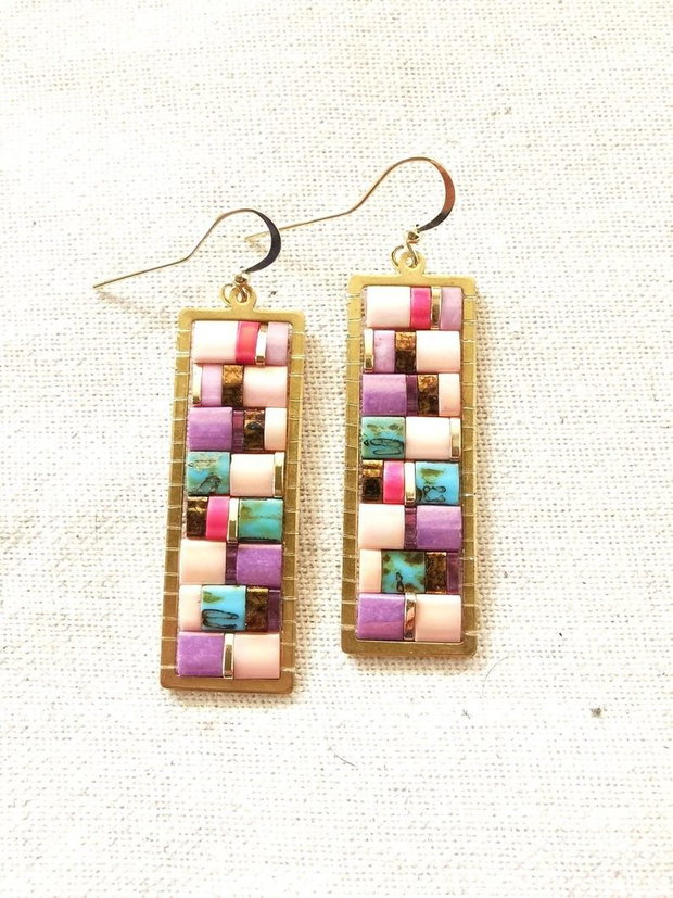 Cercei Mozaic Boho Dangle Turcoaz si Roz cu Tila, tortite placate cu aur 14k