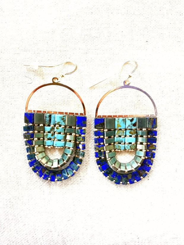 Cercei boho statement cu margele Tila turcoaz, lapiz lazuli si verde petrol
