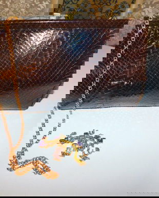 Poseta vintage  piele sarpe, plic sau de umar,  brosa deosebita cadou