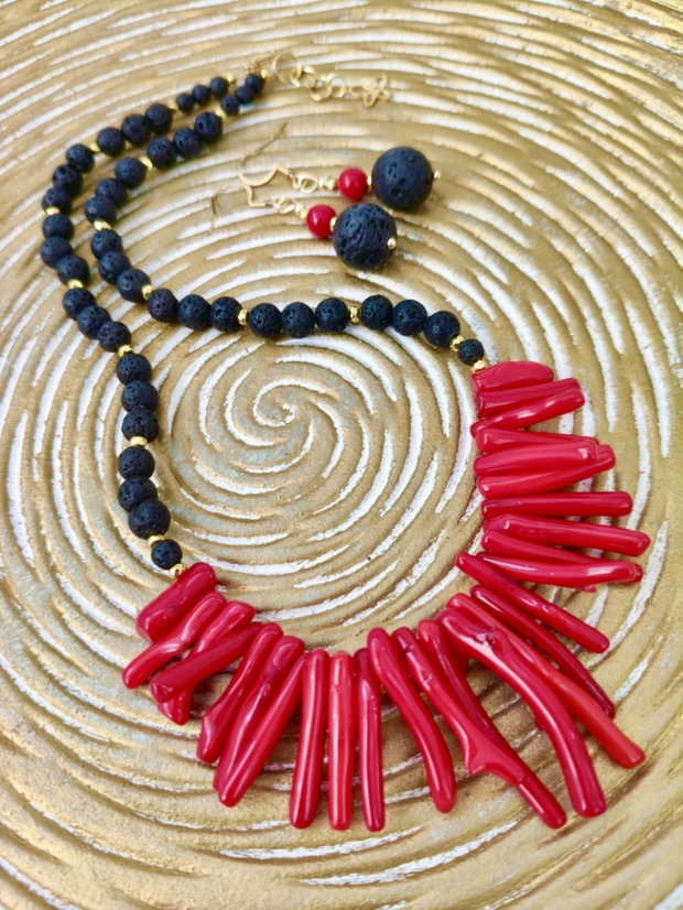 Colier Coral rosu & lava vulcanica neagra