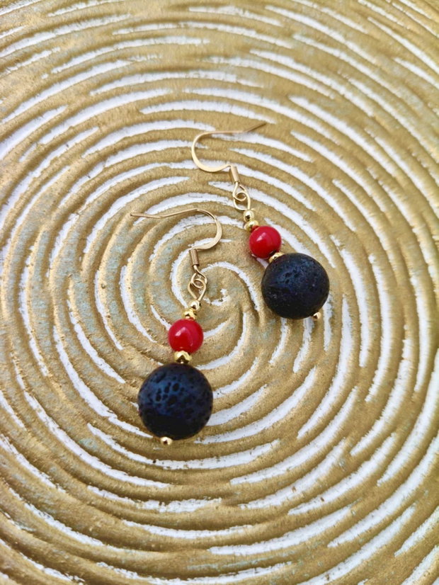 Colier Coral rosu & lava vulcanica neagra