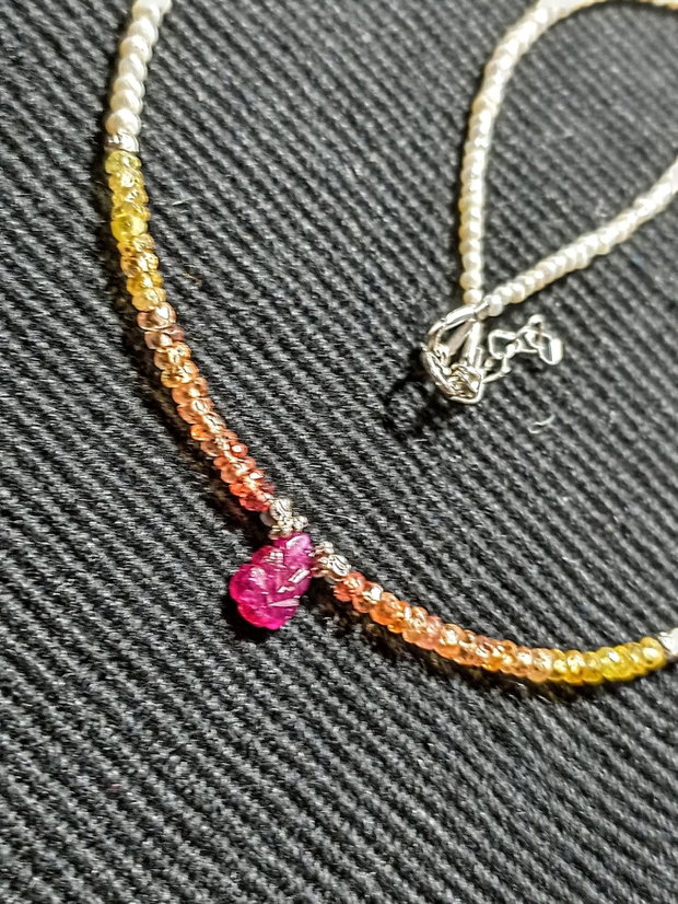 Colier argint safir galben gradient rubin gravat perle naturale de cultura seed minimalist boho chic trendy
