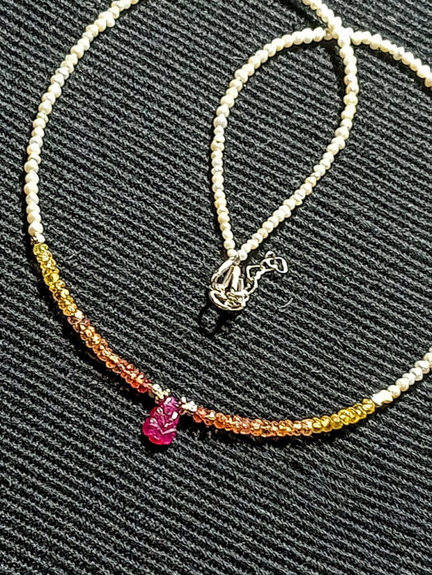 Colier argint safir galben gradient rubin gravat perle naturale de cultura seed minimalist boho chic trendy