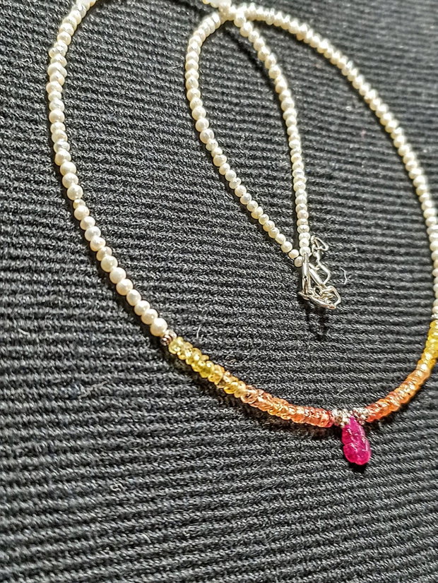 Colier argint safir galben gradient rubin gravat perle naturale de cultura seed minimalist boho chic trendy