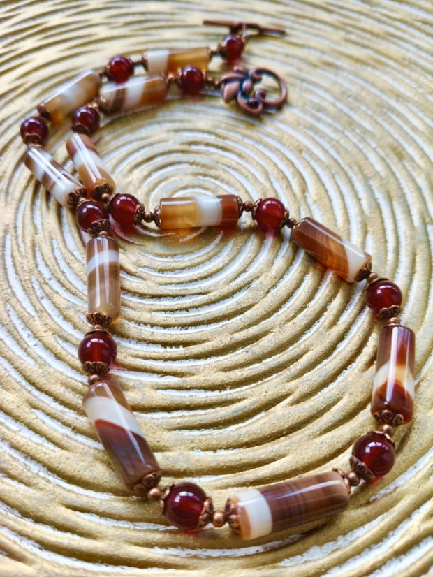 Colier vintage agate dantela cafenii & carneol