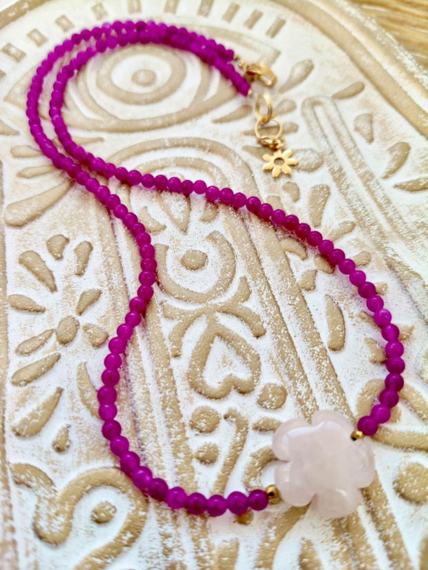 Colier CHOKER agate fucsia & floare cuart roz