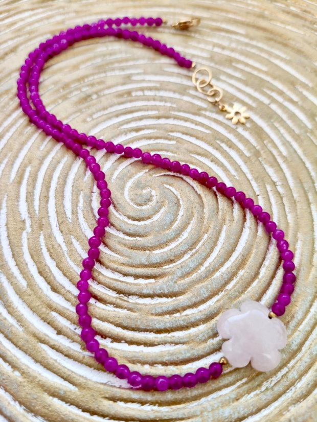 Colier CHOKER agate fucsia & floare cuart roz