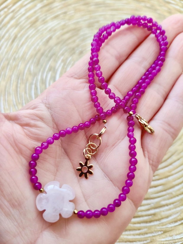 Colier CHOKER agate fucsia & floare cuart roz