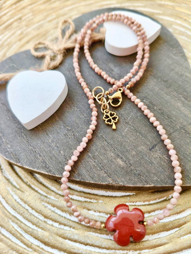 Colier CHOKER Rodocrozit & floare jasp rosu