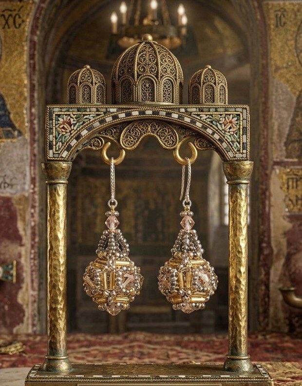 Cercei candelabru cu cristale Swarovski roz, margele japoneze aurii si argintii