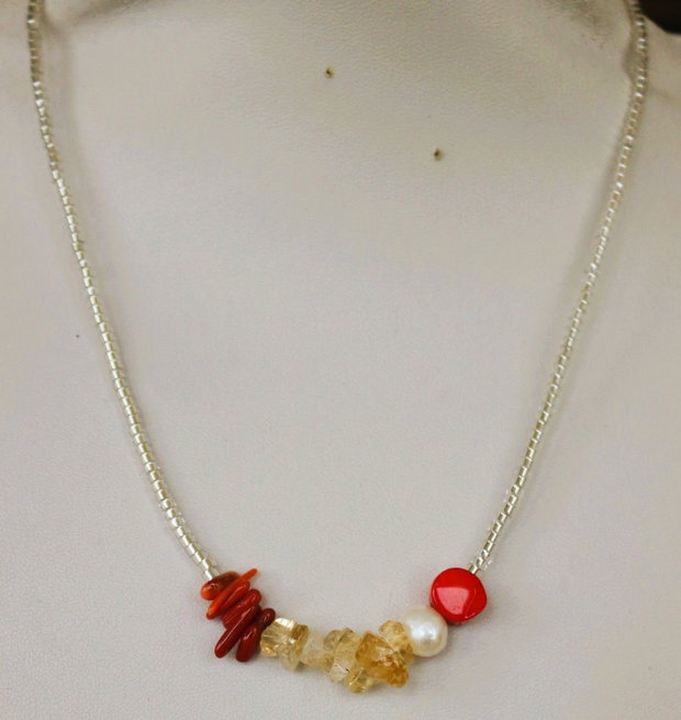 Colier din margele myuki ,coral,citrin si perla de cultura