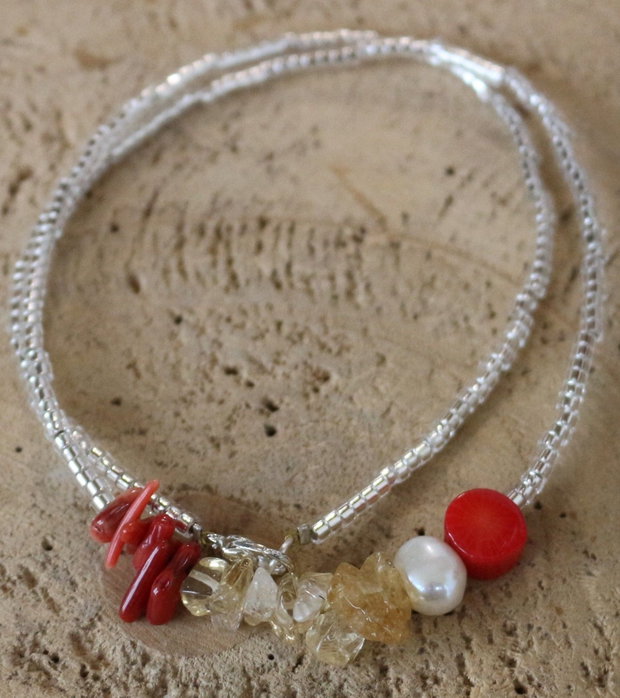 Colier din margele myuki ,coral,citrin si perla de cultura