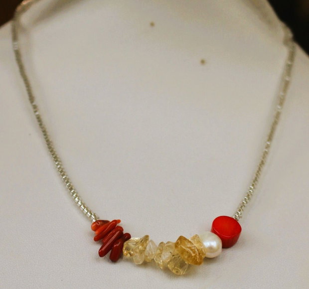 Colier din margele myuki ,coral,citrin si perla de cultura