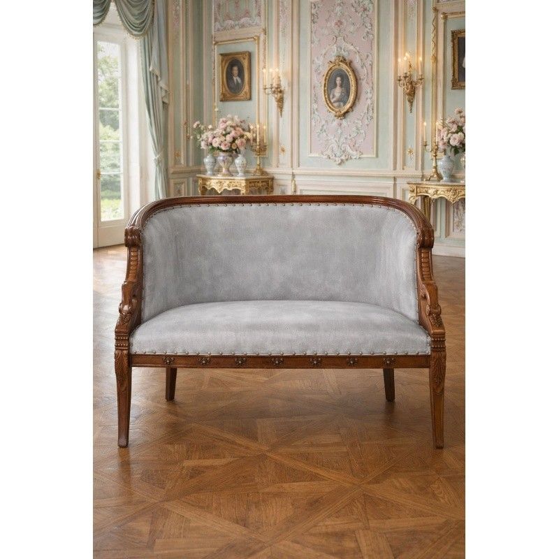 Sofa din lemn masiv mahon cu capete de lebada si tapiterie din matase