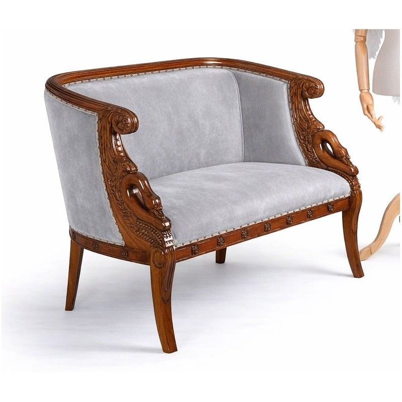 Sofa din lemn masiv mahon cu capete de lebada si tapiterie din matase