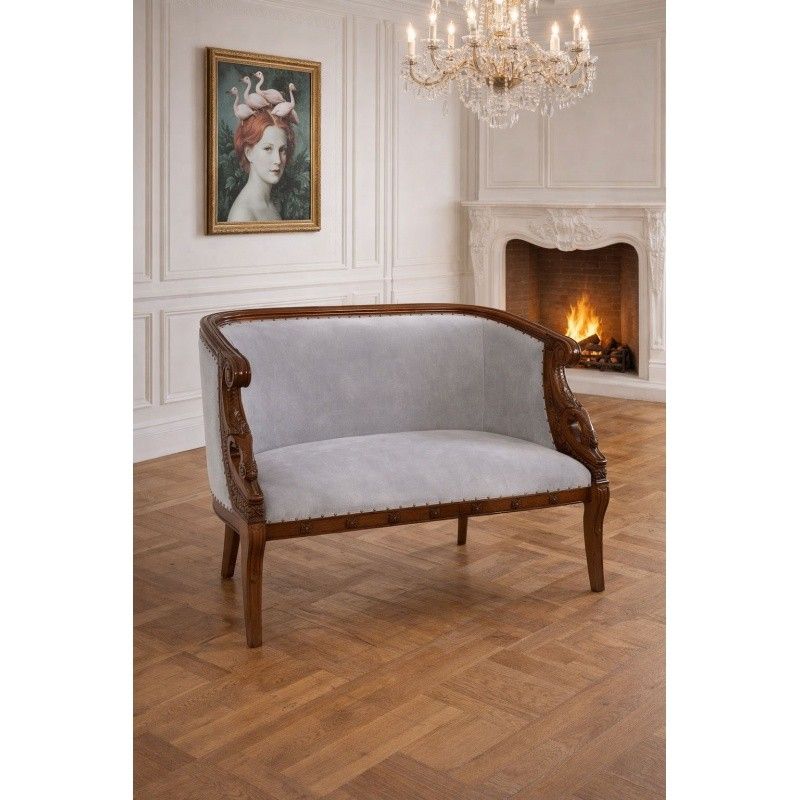 Sofa din lemn masiv mahon cu capete de lebada si tapiterie din matase