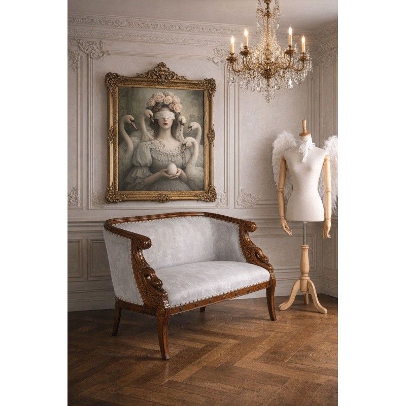 Sofa din lemn masiv mahon cu capete de lebada si tapiterie din matase