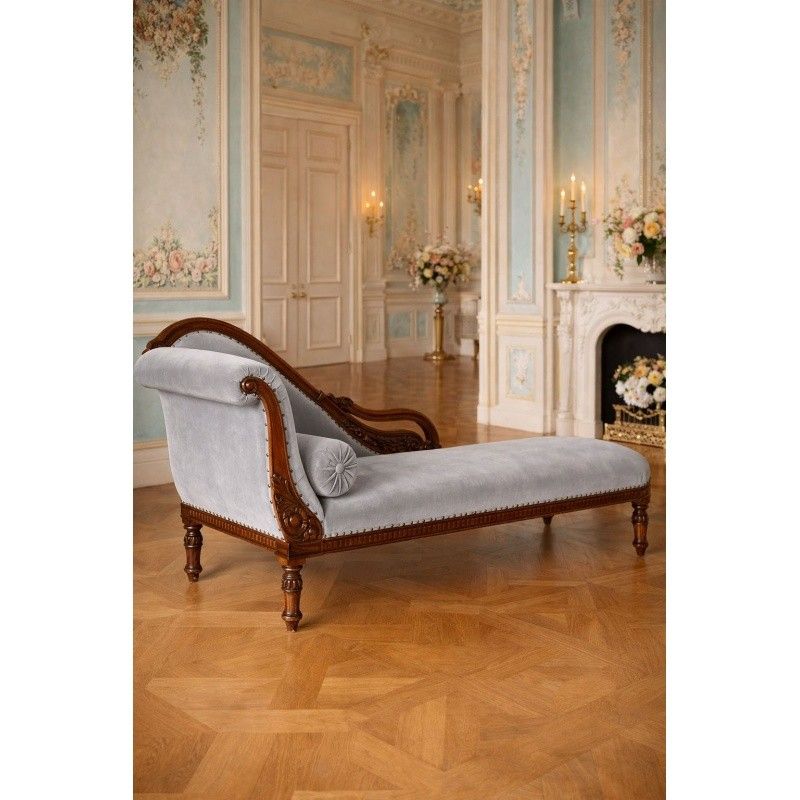 Sofa Empire din lemn mahon cu capete de lebede si tapiterie din matase