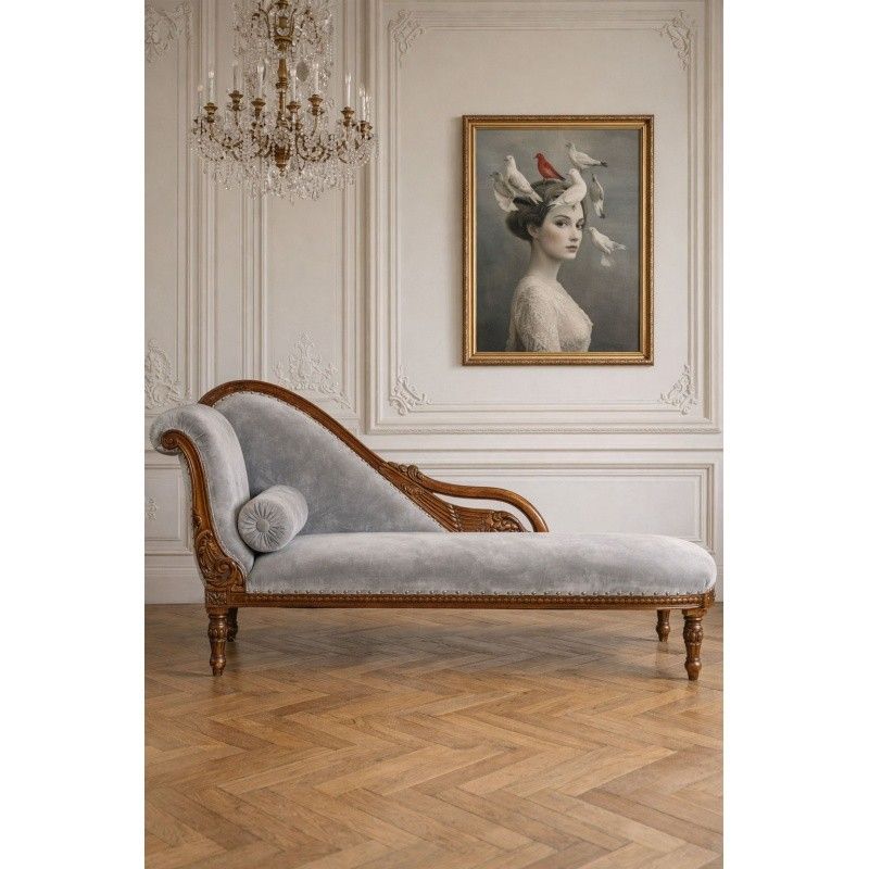 Sofa Empire din lemn mahon cu capete de lebede si tapiterie din matase