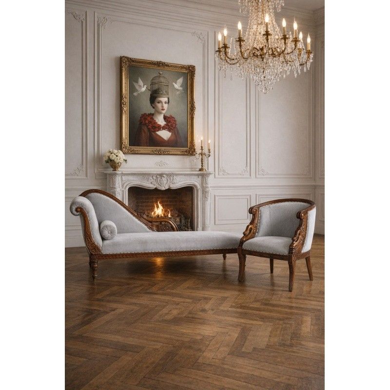 Sofa Empire din lemn mahon cu capete de lebede si tapiterie din matase