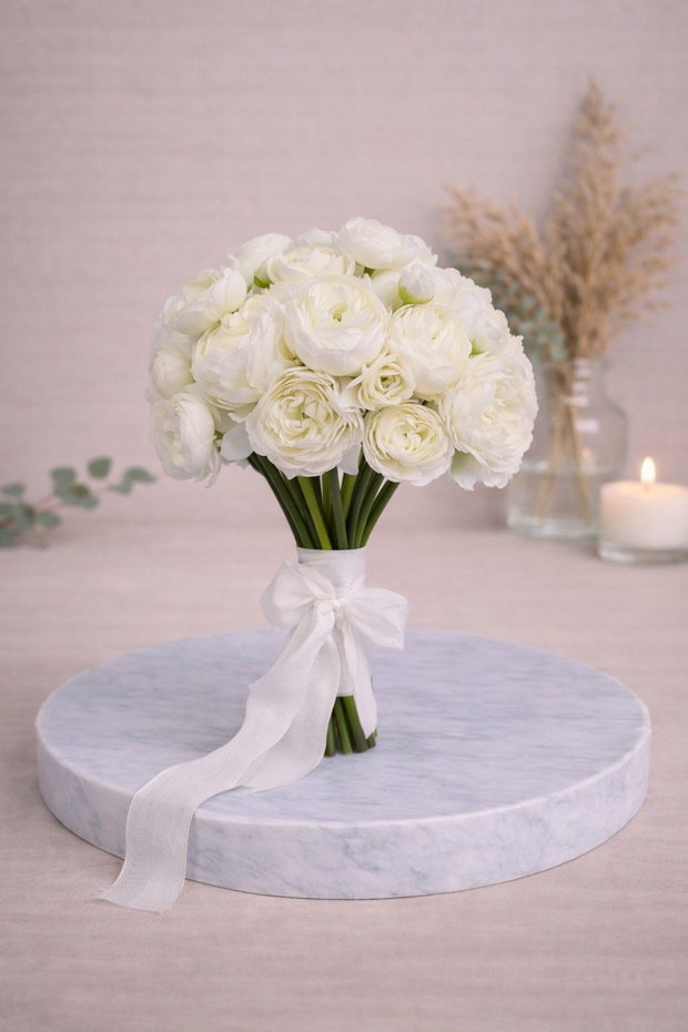 Buchet mireasă alb elegant, trandafiri și ranunculus Legământ Etern