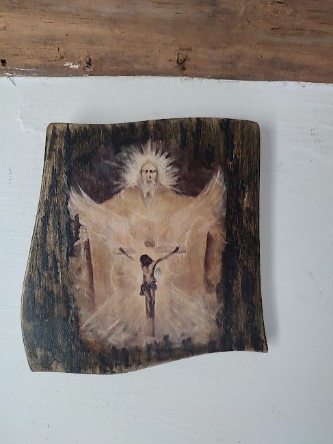Icoană rustică pe lemn  Reprezentare sacră a Răstignirii