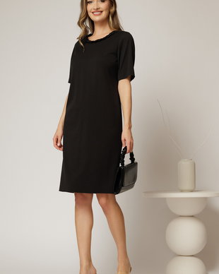 Rochie DY Fashion midi neagra cu impletitura la decolteu si adaos de viscoza