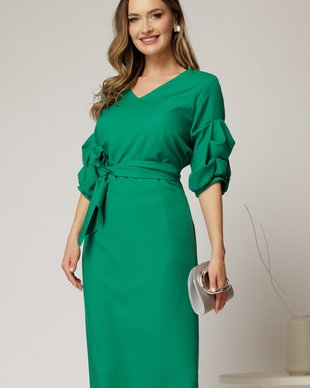 Rochie DY Fashion verde cu adaos de viscoza cu croi drept si maneci bufante